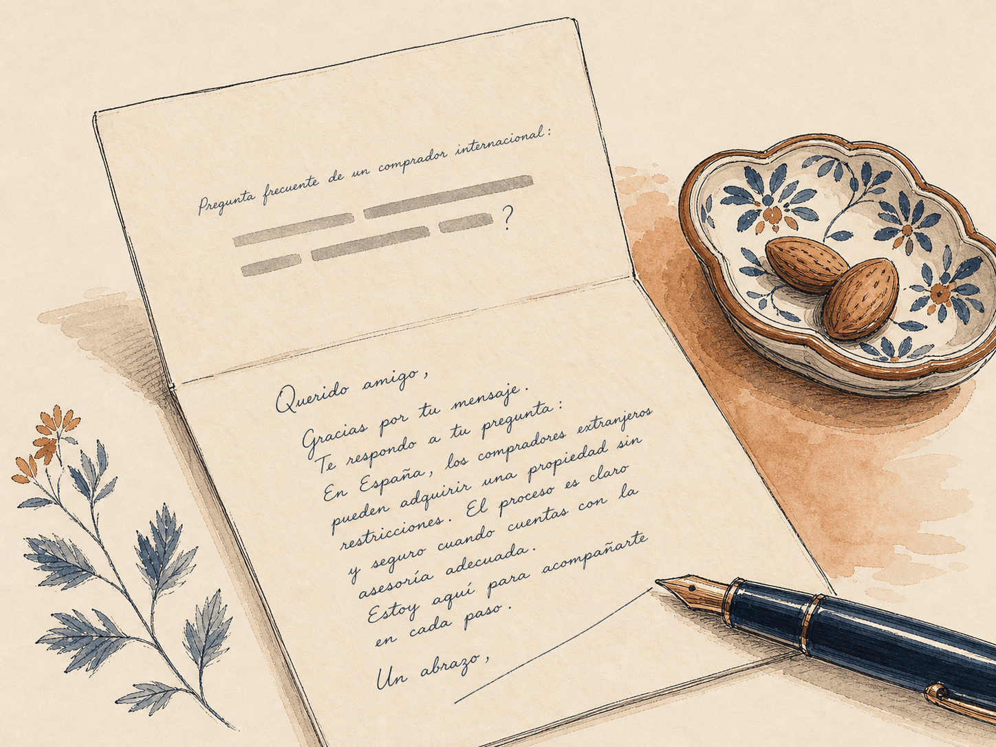 Ilustración editorial de un signo de interrogación sobre carpeta abierta de compraventa