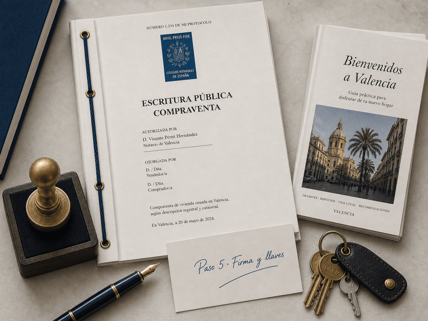 Ilustración editorial de una llave sobre una escritura notarial abierta
