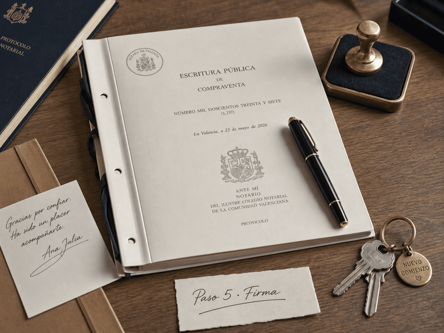 Ilustración editorial de una pluma sobre un documento notarial con sello