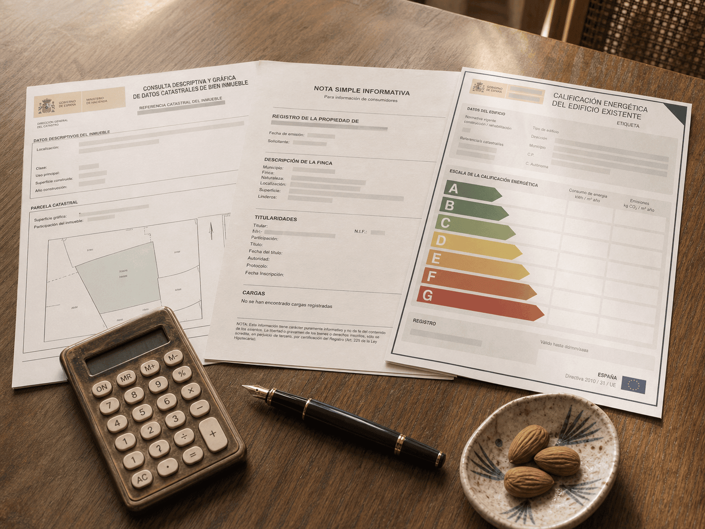 Nota Simple del Registro de la Propiedad, certificado energético y bolígrafo sobre un escritorio iluminado por luz natural
