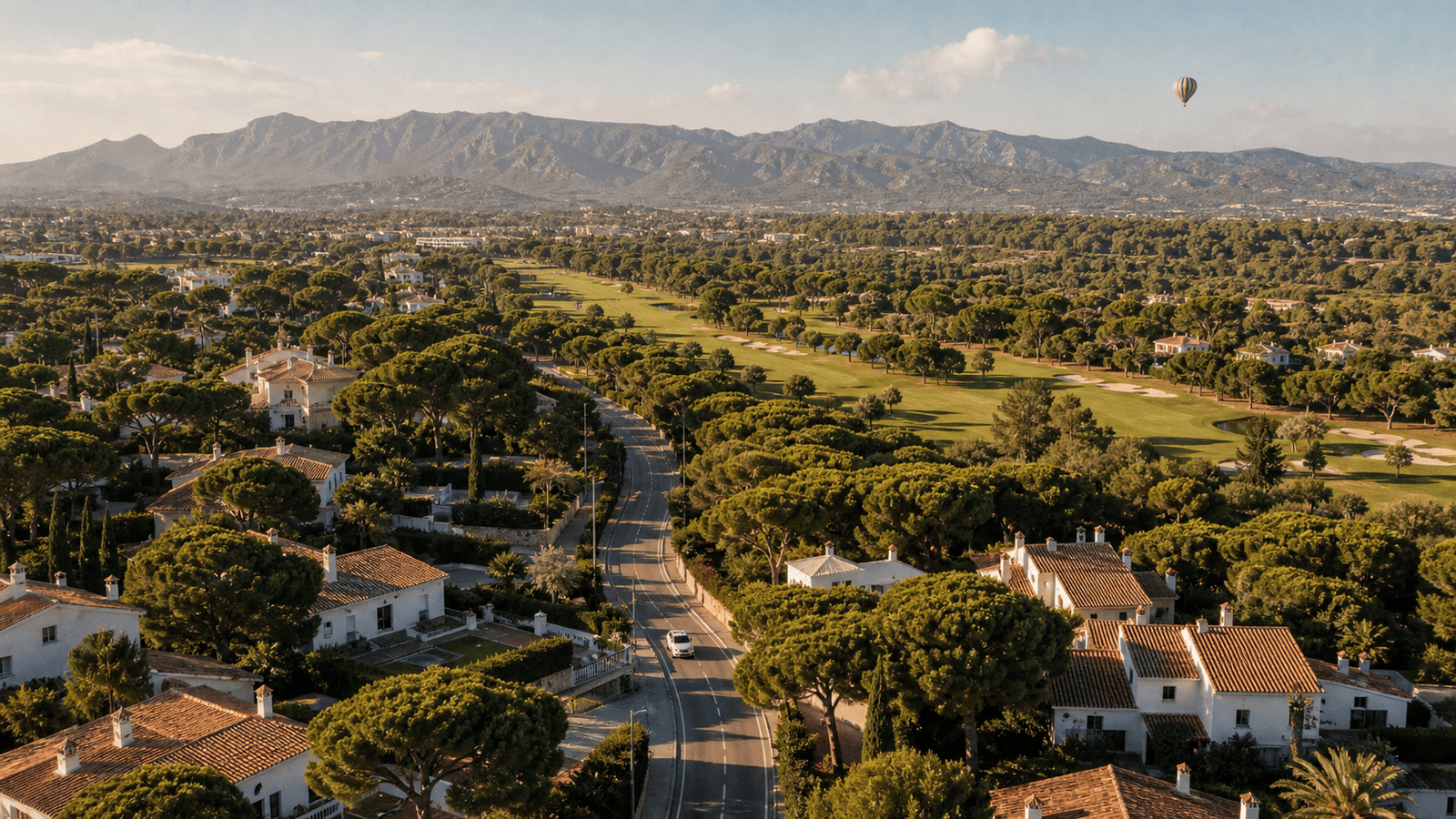 Aérea editorial del verde Corredor del Túria con tejados de villas blancas entre pinos