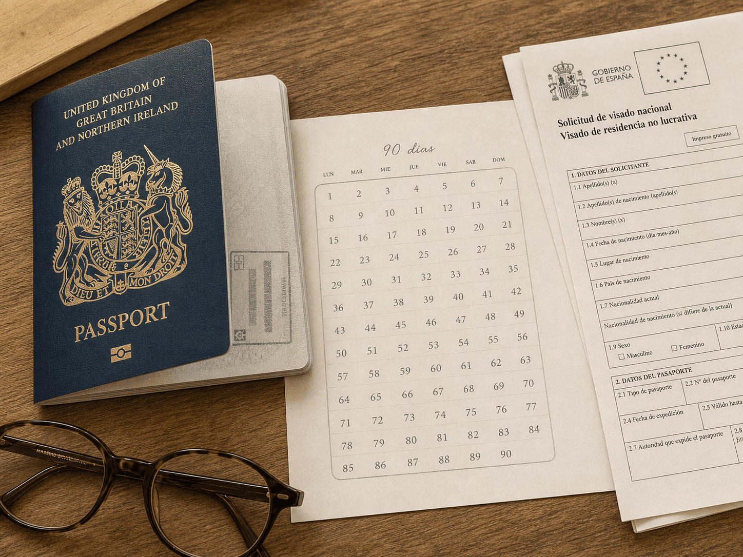 Pasaporte, calendario anotado y mapa de Europa sobre una mesa de madera. La planificación de estancias.