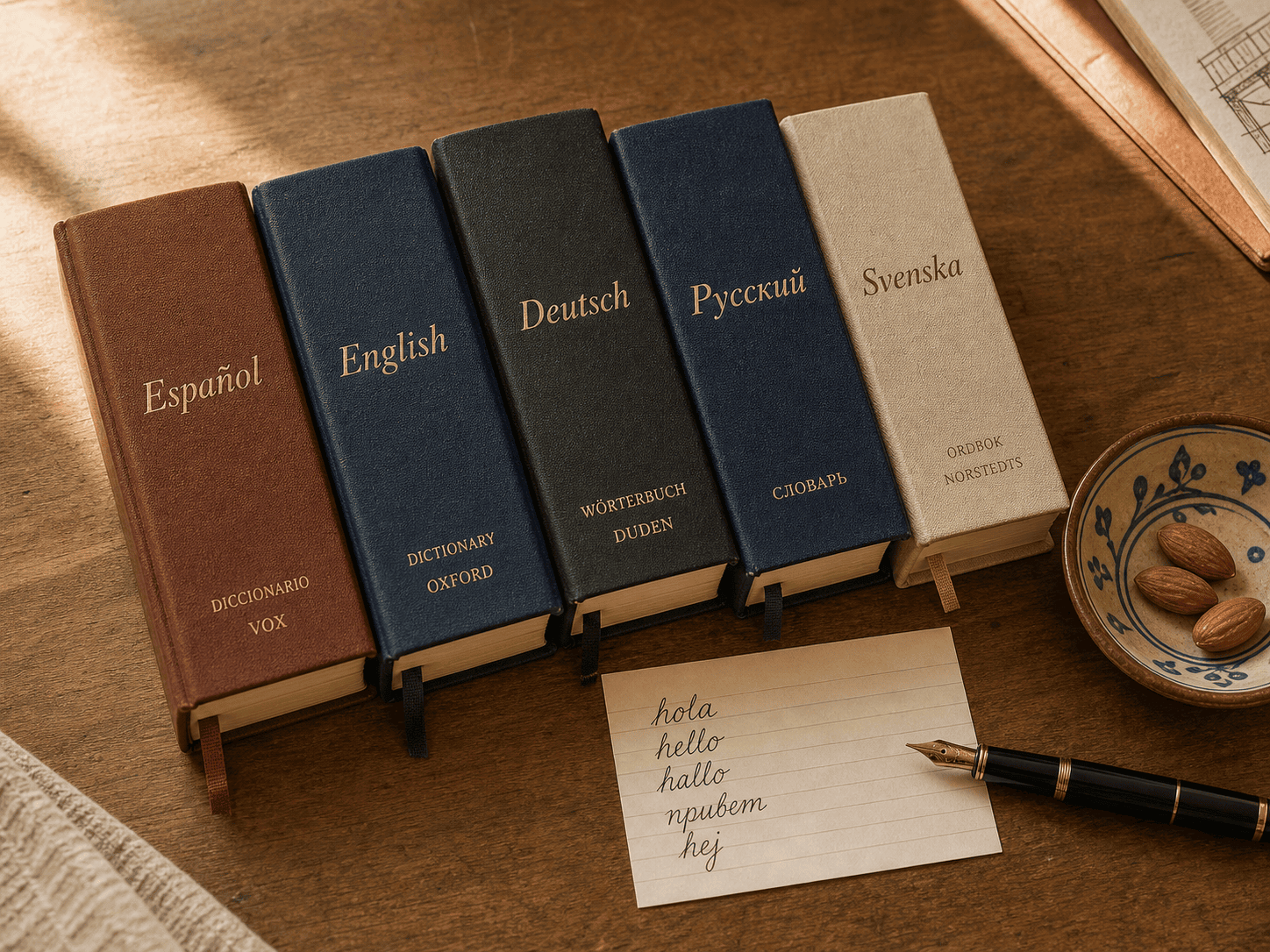Cinco etiquetas tipográficas alineadas: Hablo · I speak · Jag talar · Ich spreche (escrito) · Я говорю (письменно). Fondo crema.