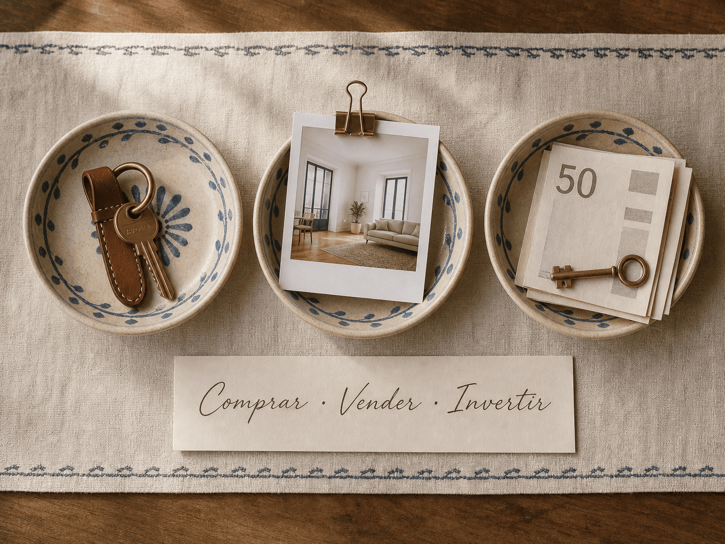 Tres iconos sobrios representando Comprar, Vender e Invertir en composición editorial